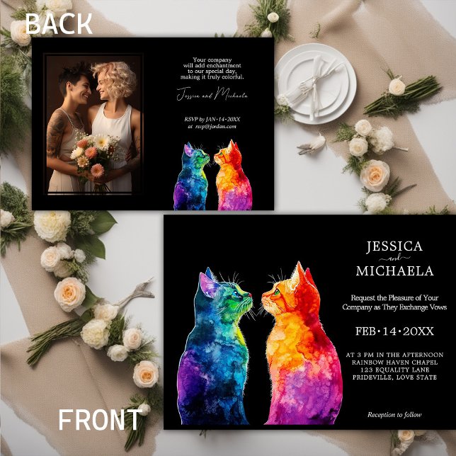 🌈 With photo Purrfectly Yours: A Rainbow Love  Invitation (The invitation features two rainbow-colored cats on the left side, gazing at each other with passion)