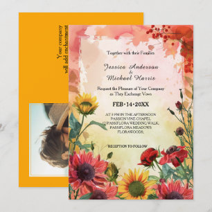 🌻with photo Sunny Petals & Scarlet Blooms Invitation