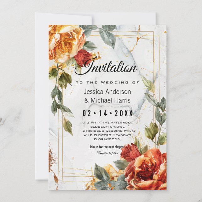 With poem Marble Dreams: Orange Rose Elegance Invitation (Front)