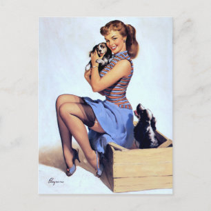 With Puppies Pin Up Postcard