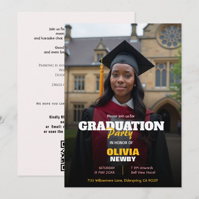 🎓With QR code Modern Grad Party Invitation (Front/Back)