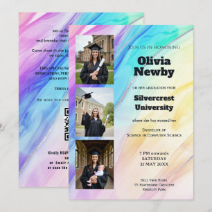 🎓With QR Code Rainbow Marble  Graduation Party Invitation