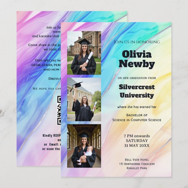 🎓With QR Code Rainbow Marble  Graduation Party Invitation (Front/Back)