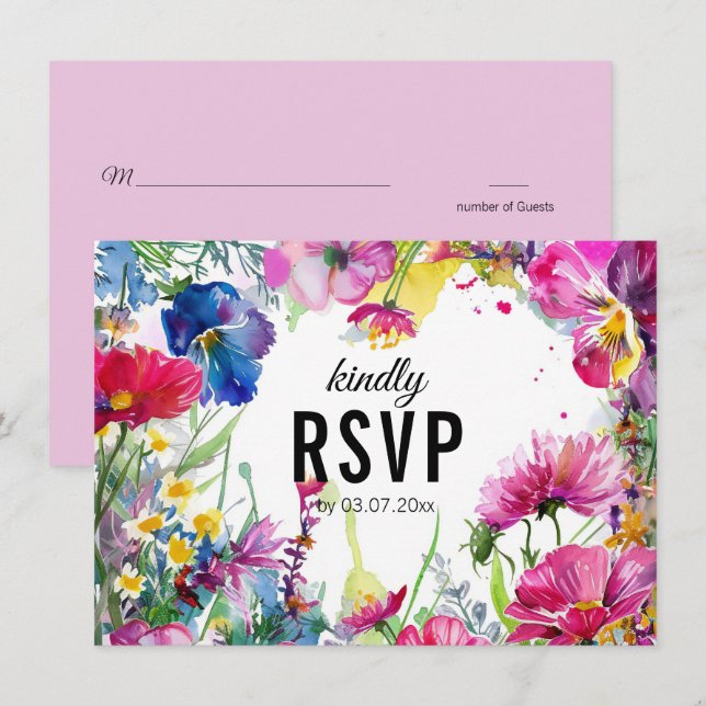 😍 With  QR code simple Meadow Blooms RSVP card (Front/Back)