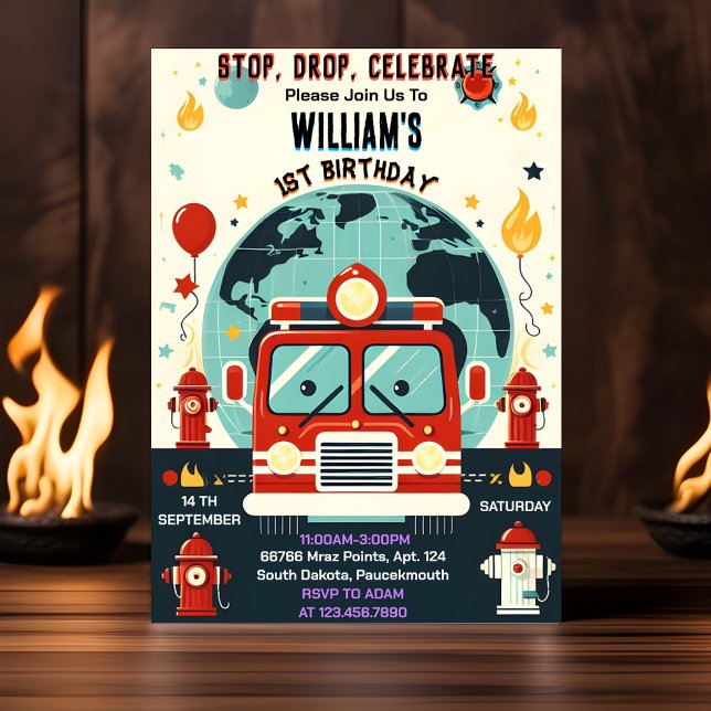 With Red Hot Fire Truck Engine Safety 1st birthday Invitation (Creator Uploaded)