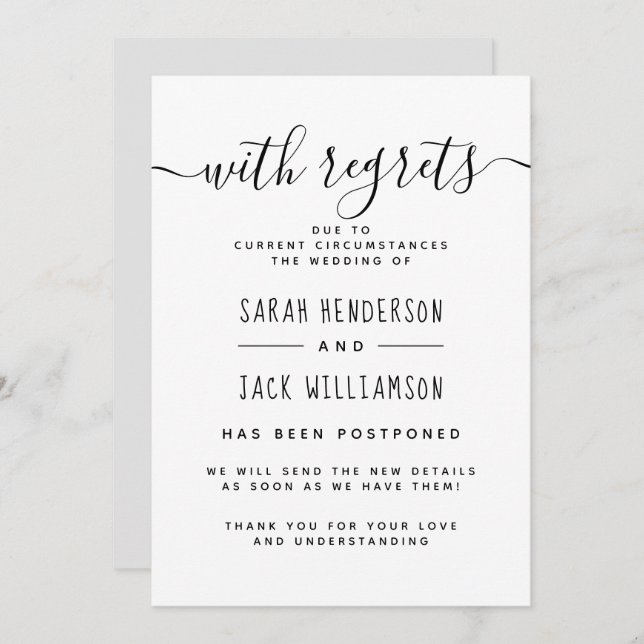 "With Regrets" B&W Postponed Wedding Announcement (Front/Back)
