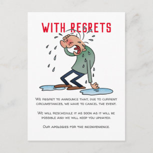 With Regrets Postponed Event Cancellation Cartoon Postcard