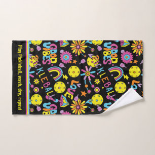 With text, Groovy, retro 90s, black Hand Towel