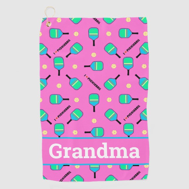With text pastel I love Pickleball pink  Golf Towel (Front)