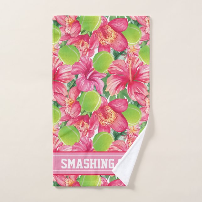 With text 🌺🌴Tropical tennis with hibiscus,  Hand Towel (Hand Towel)