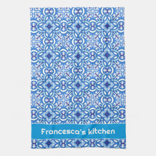 With text 🤍 💙White and blue Porto Azulejos Tea Towel