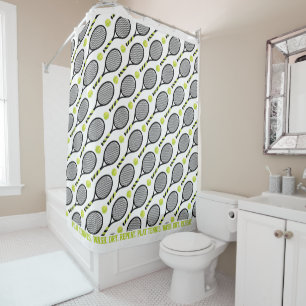 With text🎾Black and green tennis🎾 white  Shower  Curtain