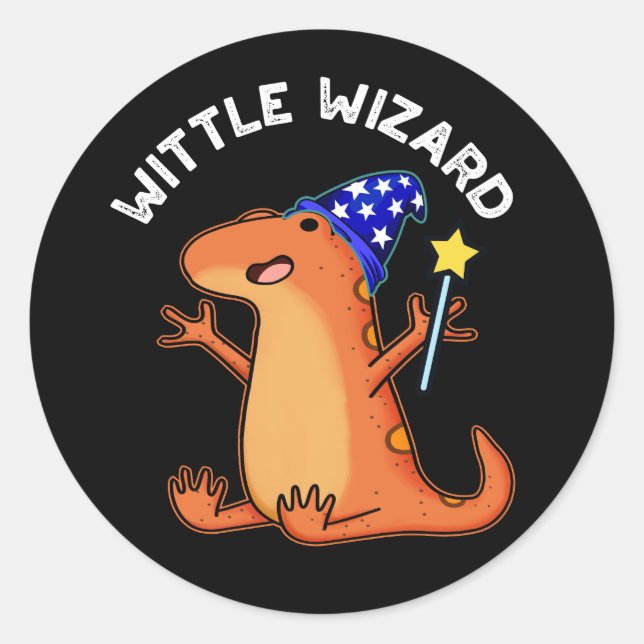 Wittle Wizard Funny Lizard Pun Dark BG Classic Round Sticker (Front)