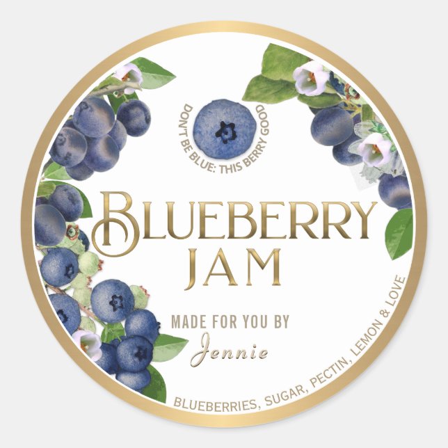 Witty Logo Design Elegant Blueberry Jam Preserves Classic Round Sticker (Front)