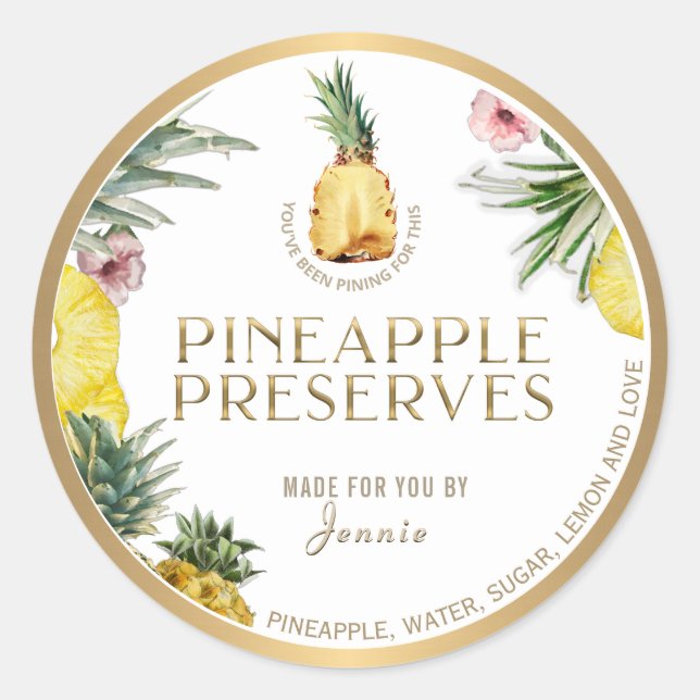 Witty Logo Design Elegant Pineapple Preserves  Classic Round Sticker (Front)