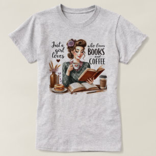 Witty Retro Girl T-Shirt – Girl Books and Coffee