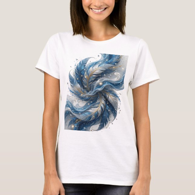 Witty Silver BLUE FEATHERS Slogan Design T-Shirt (Front)