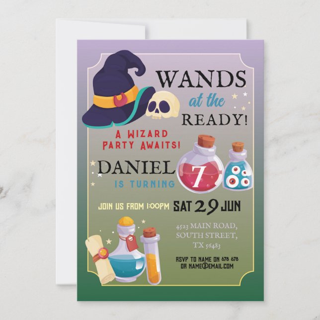 Wizard Birthday Party Wands At The Ready Boys Invitation (Front)