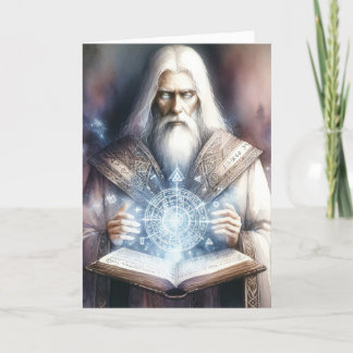 Wizard Casting from a Spellbook Fantasy Watercolor Card