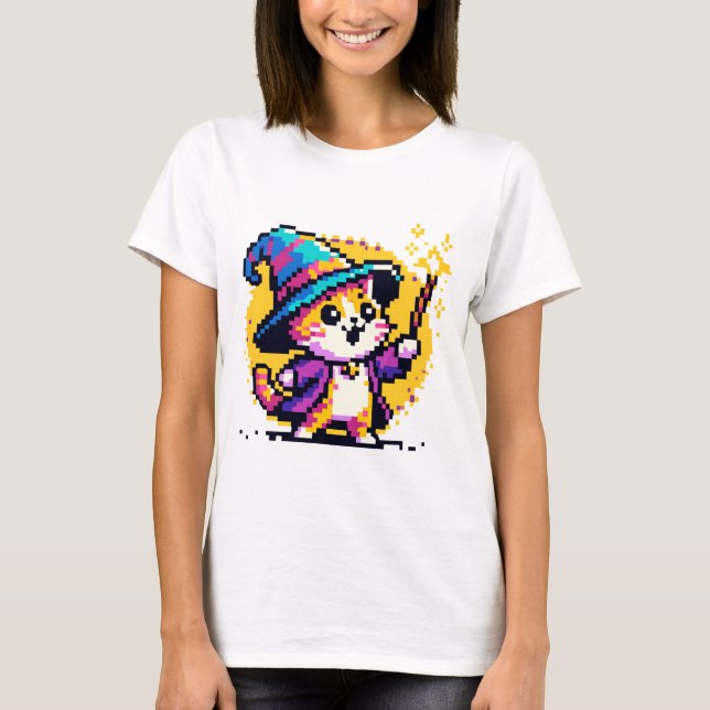 Wizard Cat - Magical Pixel Art Fantasy Design T-Shirt (Front)