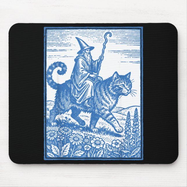 Wizard cat rider funny cute meme  mouse pad (Front)