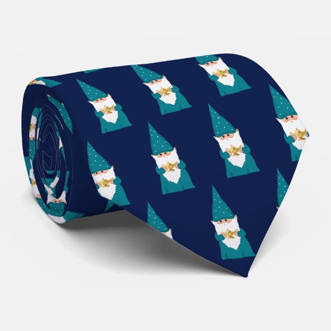 Wizard Christmas Gnome on Navy Blue Neck Tie (Rolled)