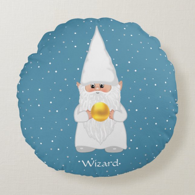 Wizard Gnome & Gold on Sapphire Blue Round Cushion (Front)