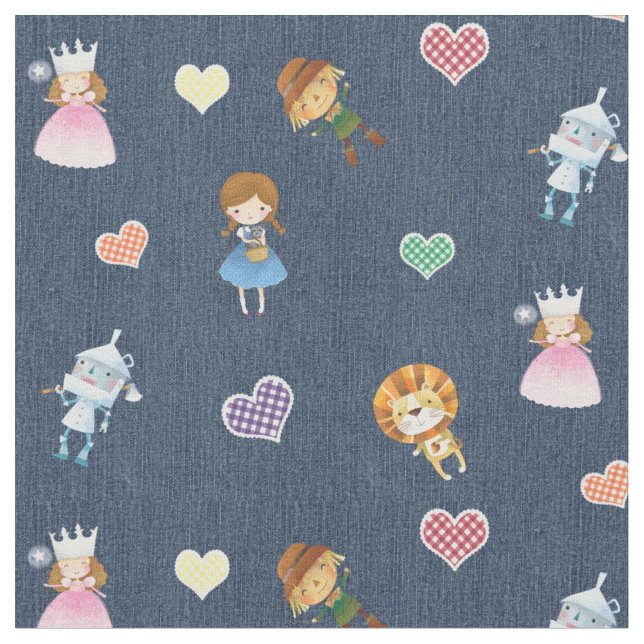 Wizard of Oz and Gingham Hearts on Blue Denim Fabric (Close Up)