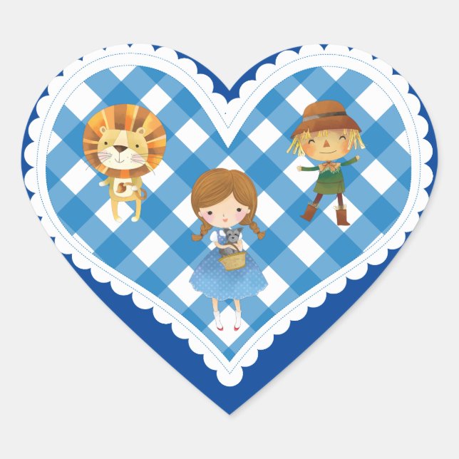 Wizard of Oz on Blue and White Gingham  Heart Sticker (Front)