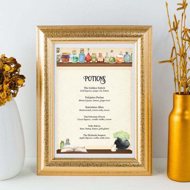Wizard Party Cocktail Menu Card Poster (Wizard Party Drinks Menu with Potions Design)
