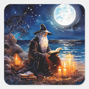 Wizard reading a Book - Wicca Halloween 1 Square Sticker
