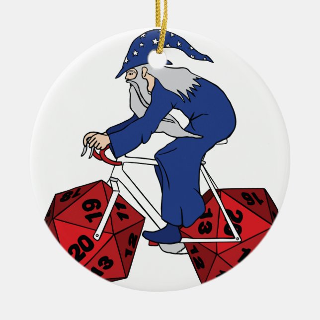 Wizard Riding Bike With 20 Sided Dice Wheels Ceramic Tree Decoration (Front)