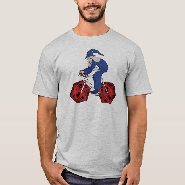 Wizard Riding Bike With 20 Sided Dice Wheels T-Shirt (Front)