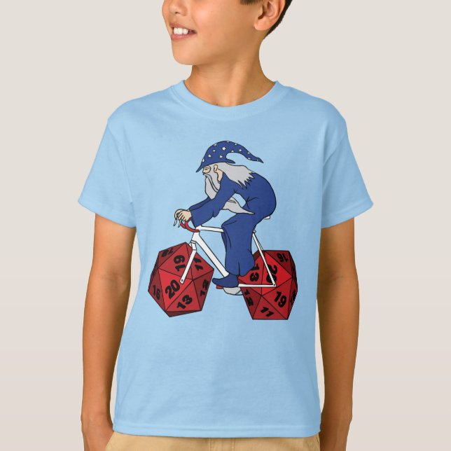 Wizard Riding Bike With 20 Sided Dice Wheels T-Shirt (Front)