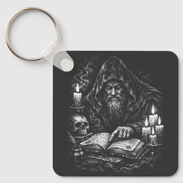 Wizard Studying the Grimoire — by BurnsInHell Key Ring (Front)