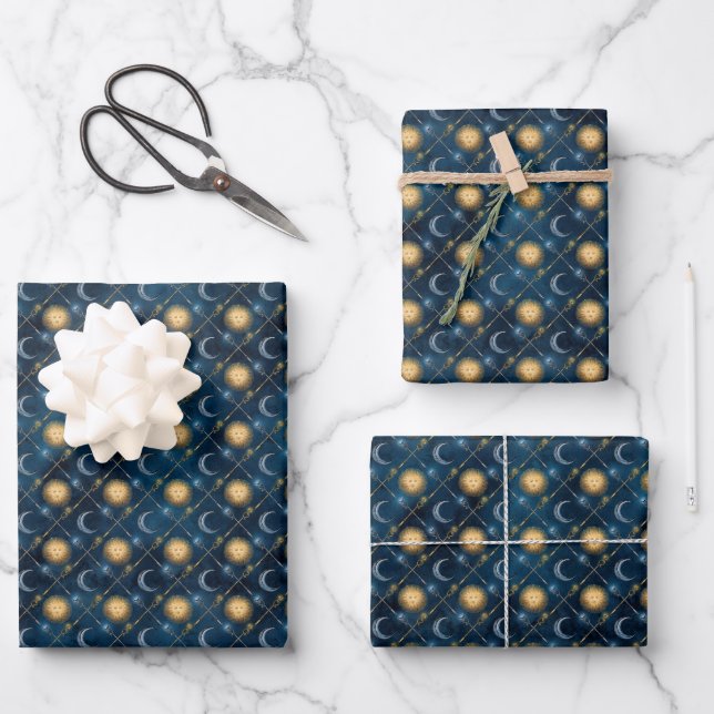 Wizard Wand Celestial Sun Moon Blue Background Wrapping Paper Sheet (Front)