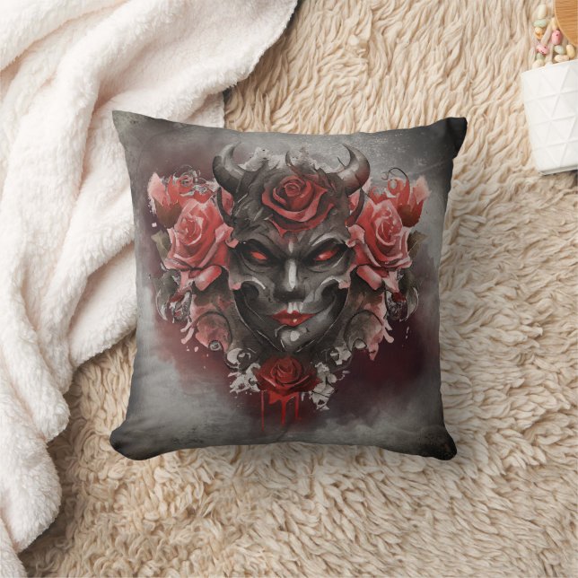Wizardry | Dark Horned Demon with Glowing Red Eyes Cushion (Blanket)