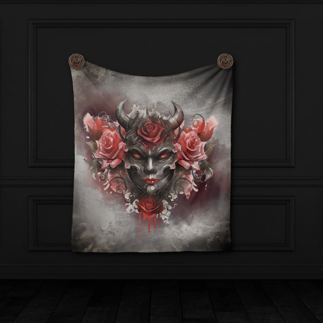 Wizardry | Dark Horned Demon with Glowing Red Eyes Fleece Blanket (Creator Uploaded)