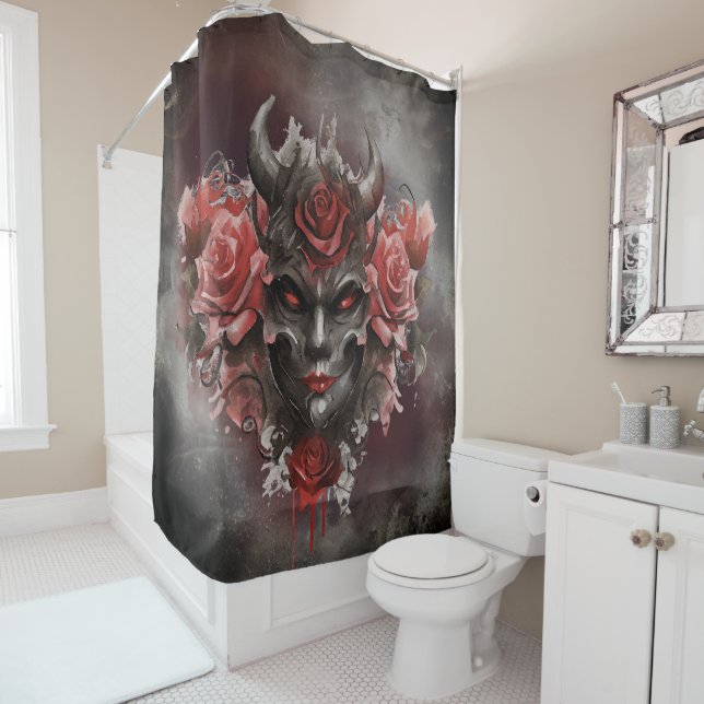 Wizardry | Dark Horned Demon with Glowing Red Eyes Shower Curtain (In Situ)