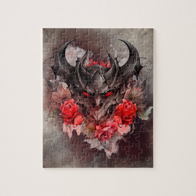 Wizardry | Red Eyed Smoky Demon Beast with Roses Jigsaw Puzzle (Vertical)