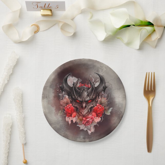 Wizardry | Red Eyed Smoky Demon Beast with Roses Paper Plate (Wedding)