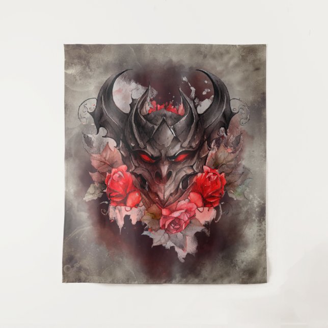 Wizardry | Red Eyed Smoky Demon Beast with Roses Tapestry (Front)