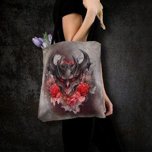 Wizardry   Red Eyed Smoky Demon Beast with Roses Tote Bag