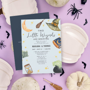 Wizards Brewing Twin Boys Halloween Baby Shower Invitation