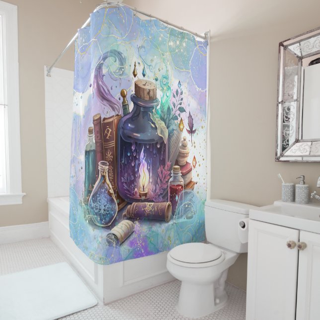 Wizards Table | Watercolor Witch Spellcasting Desk Shower Curtain (In Situ)