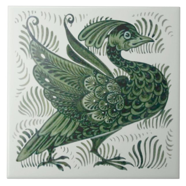 Wm De Morgan Green Bird Arts & Crafts Tile (Left) (Front)