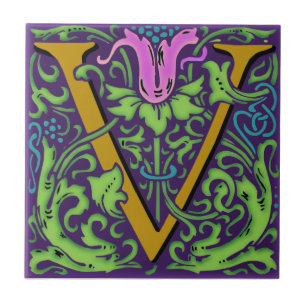 Wm Morris Ornate Initial "V" Letter Ceramic Tile+  Tile