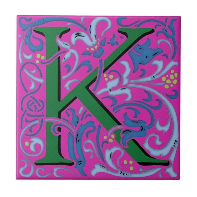Wm Morris Ornate Letter "K" Initial Ceramic Tile   (Front)