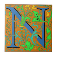 Wm Morris Ornate Letter "N" Initial Ceramic Tile  