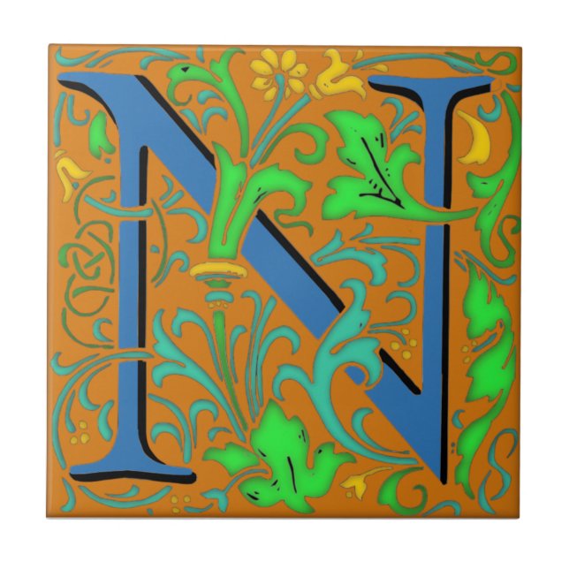 Wm Morris Ornate Letter "N" Initial Ceramic Tile   (Front)